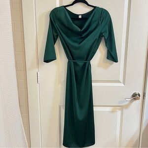 Emerald Green Satin Cowl Nack Midi Dress